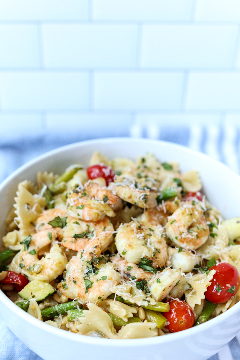 Pasta with Shrimp and Roasted Veggies in a Garlic Lemon Sauce